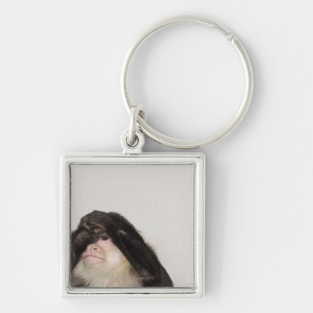 Apa som täcker dess ögon fyrkantig silverfärgad nyckelring (Framsidan)