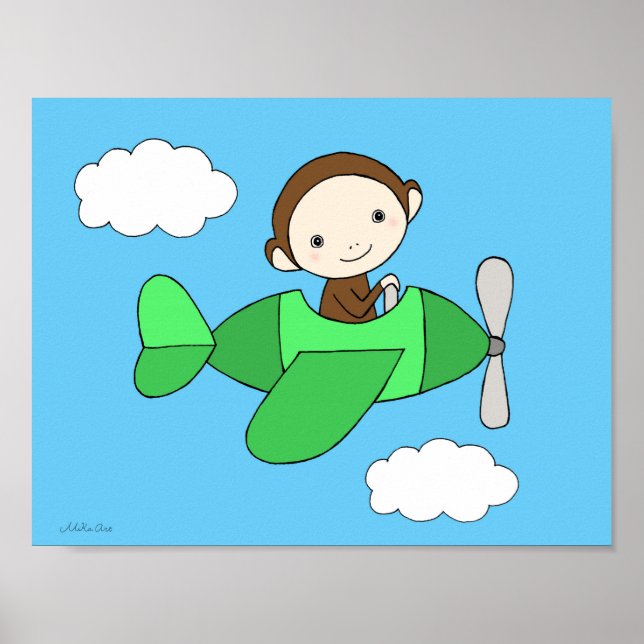 Apa Tryckeri Söt Glad Apa på Flygplan Poster (Framsidan)