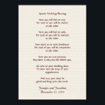 Apache Bröllop Blessing 20x28 Faux Rustic Textured Poster<br><div class="desc">Denna vackra välsignelse från bröllop, som börjar med "nu kommer du inte att känna något regn ... ", görs till en 20 x 28-poster. Den rustiska blekta burlap faux-texturerade bakgrunden kommer att följa med vilken dekoration som helst. Det finns exempeltext på grund för att du enkelt ska kunna anpassa namn...</div>