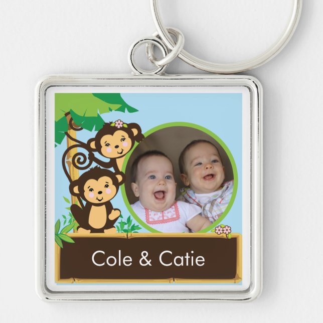 Apafoto Keychain Fyrkantig Silverfärgad Nyckelring (Framsidan)