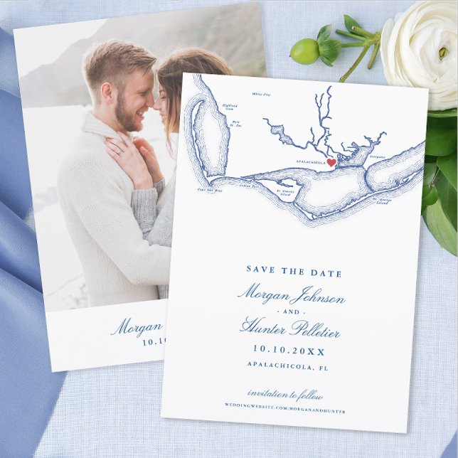 Apalachicola Florida Elegant Navy Bröllop Spara Datumet (Apalachicola Wedding Save the Date with Elegant navy blue Florida map from Coastal Map Designs)