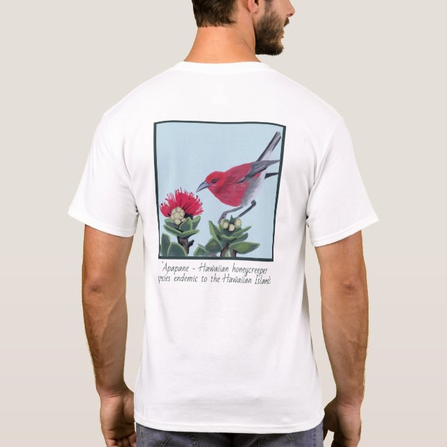 Apapane & Lehua Blossom Hawaii Nature Illustration T Shirt (Baksida)