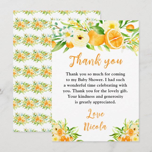 Apelsin Citrus Baby Shower Tack Kort (Fram/baksida)
