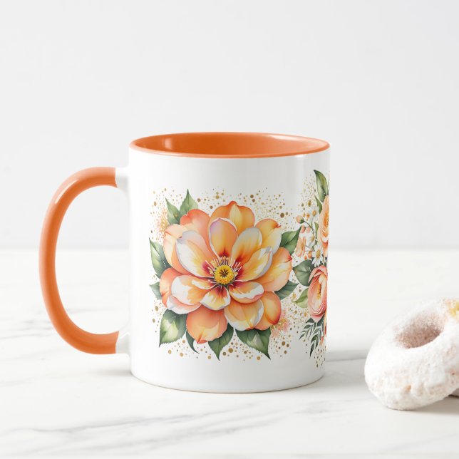 Apelsin Färgpennemålning Blommig Kaffekopp (Med munk)