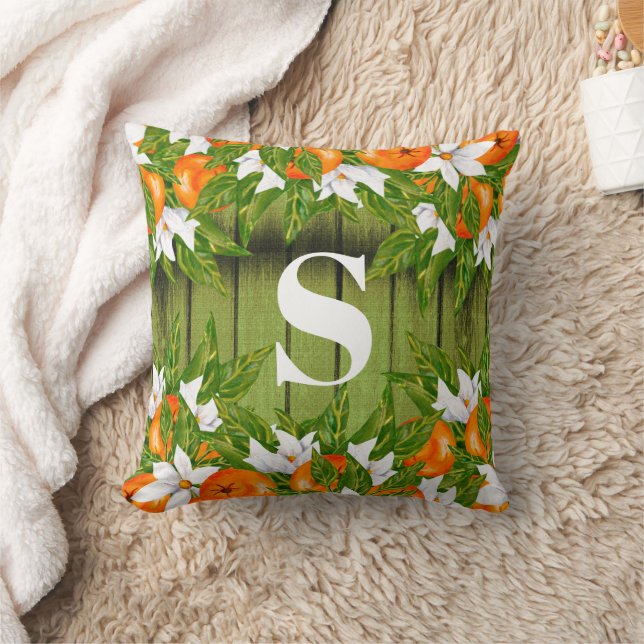 Apelsin Frukt Land Höst Grön Trä Monogram Kudde (Filt)