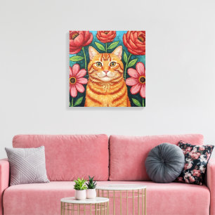 Apelsin Katt Folklig Konst Blommor Canvastryck