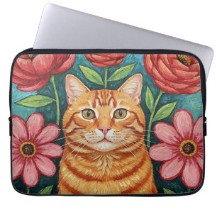 Apelsin Katt Folklig Konst Blommor Laptop Fodral