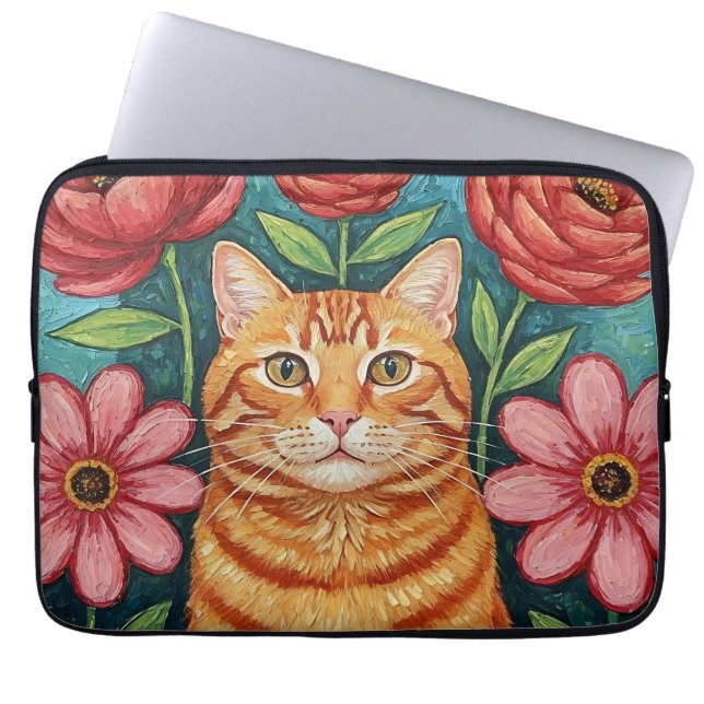 Apelsin Katt Folklig Konst Blommor Laptop Fodral (Framsidan)
