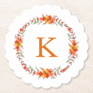 Apelsin Mandarin Blommig Krans Monogram Bröllop Underlägg Papper