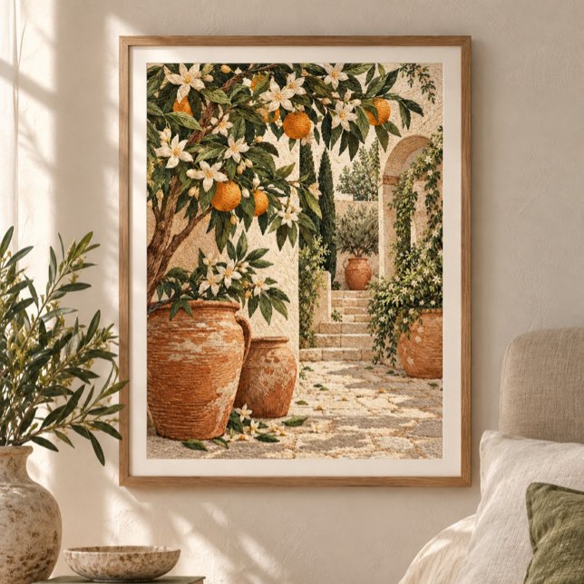 Apelsinblomster Gårdsplan Konsttryck Poster (Styled display of Orange Blossom Courtyard Art Print. Frame, mat and furnishings shown for illustration; select framing options separately.)