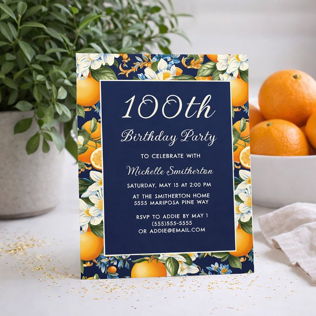 Apelsiner Vita blommor Marinblå 100-årsdag Inbjudningar (Oranges on navy blue 100th birthday party invitation)