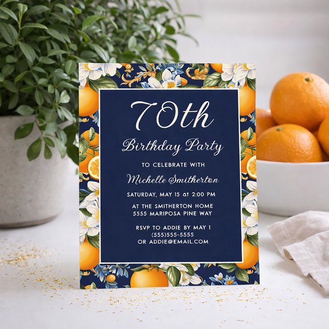 Apelsiner Vita Blommor Marinblå 70-års Födelsedag Inbjudningar (Oranges on navy blue 70th birthday invitation)
