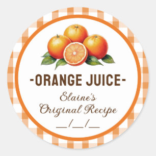 Apelsinjuiceetikett med rutig design runt klistermärke