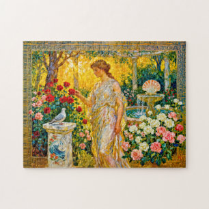 Aphrodite i rosenträdgård med fontän, snäcka och pussel