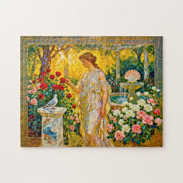 Aphrodite i rosenträdgård med fontän, snäcka och  pussel (Horisontell)