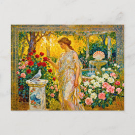 Aphrodite i rosenträdgård med fontän, snäcka och vykort