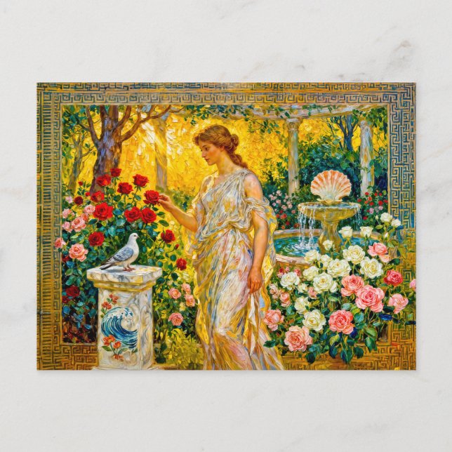 Aphrodite i rosenträdgård med fontän, snäcka och  vykort (Framsida)