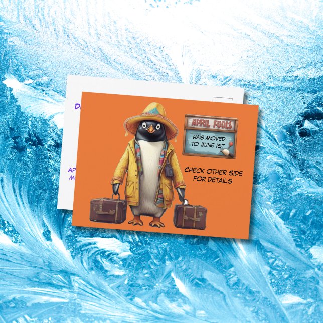 Apil-fools dagpenguin med resväskor vykort (Skapare uppladdad)