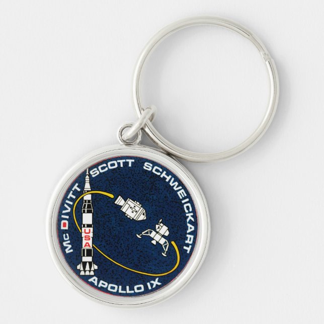 Apollo 9 NASA-uppdragslapp Logotyp Rund Silverfärgad Nyckelring (Framsidan)