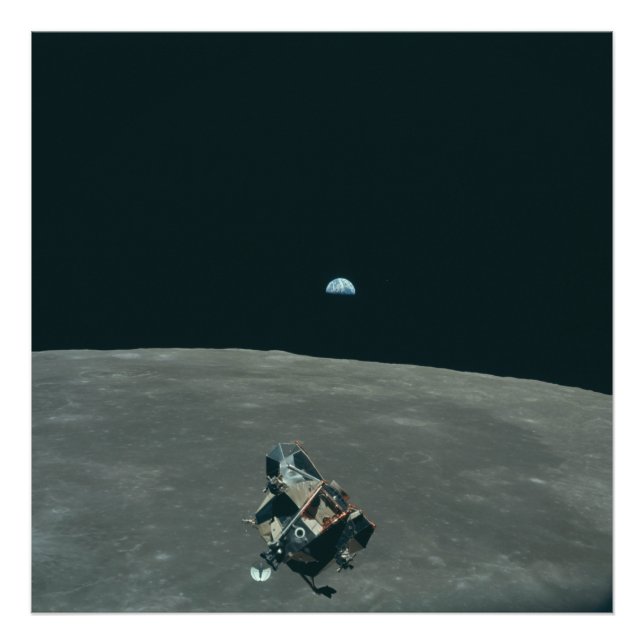 Apollo Lunar Lander och Earthrise över Måne Fototryck (Framsidan)
