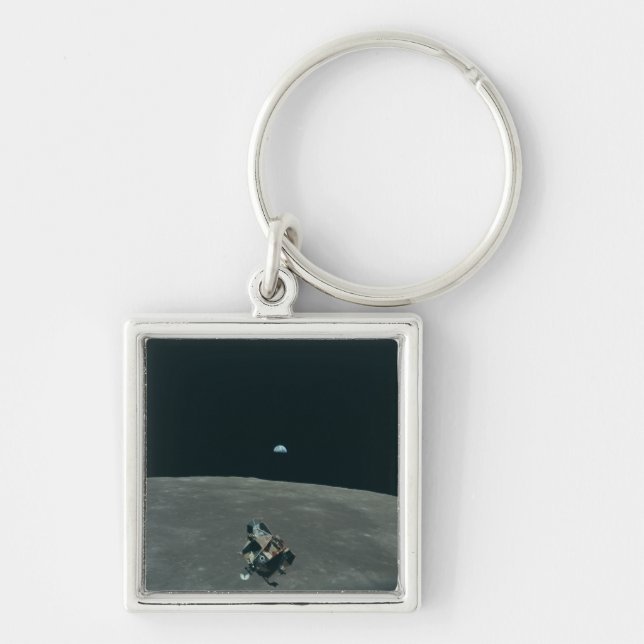 Apollo Lunar Lander och Earthrise över Måne Fyrkantig Silverfärgad Nyckelring (Framsidan)