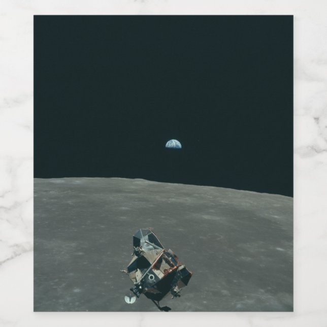Apollo Lunar Lander och Earthrise över Måne Vinflaska Etikett (Singel etikett)