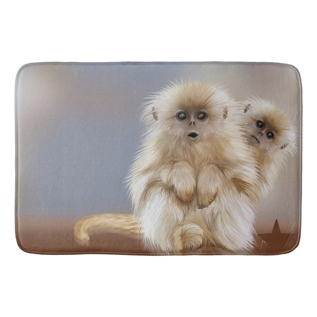 Apor Badrumsmatta (Illustration of two golden snub-nosed monkeys with fluffy white fur and dark eyes.)