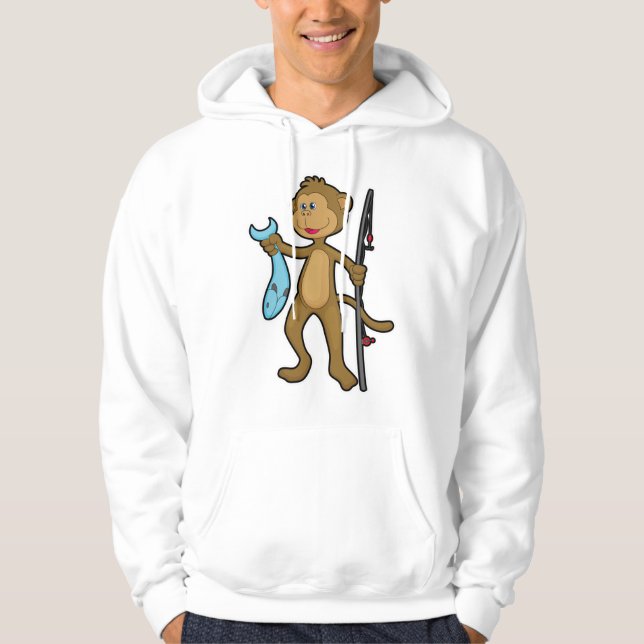 Apor vid fiske med fiskstav och fisk hoodie (Framsida)