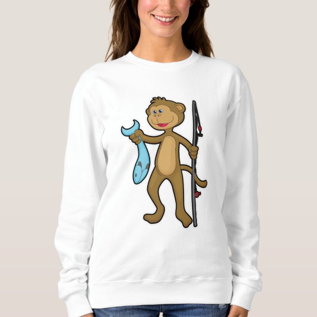 Apor vid fiske med fiskstav och fisk t shirt (Framsida)