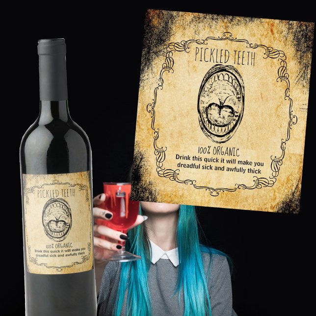 Apotek halloween vintage utvalda tänder vinflaska etikett (Skapare uppladdad)
