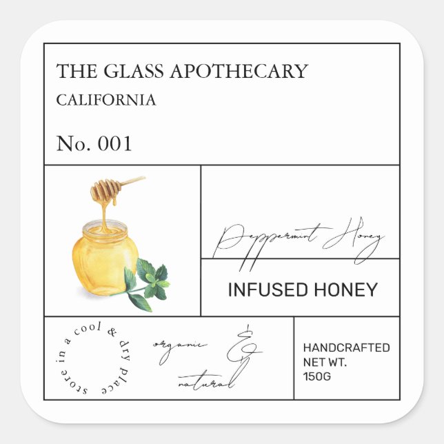 Apotekär pepparmyntsmitta Honungsetikett Fyrkantigt Klistermärke (Framsida)