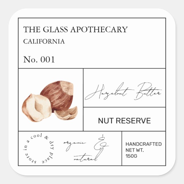 Apothecary Hazelnut Label Fyrkantigt Klistermärke (Framsida)