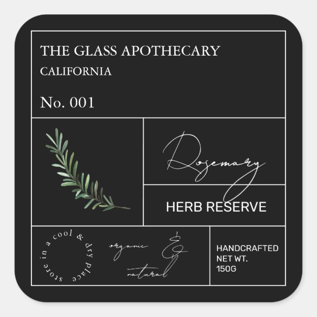 Apothecary Rosemary Label Fyrkantigt Klistermärke (Framsida)