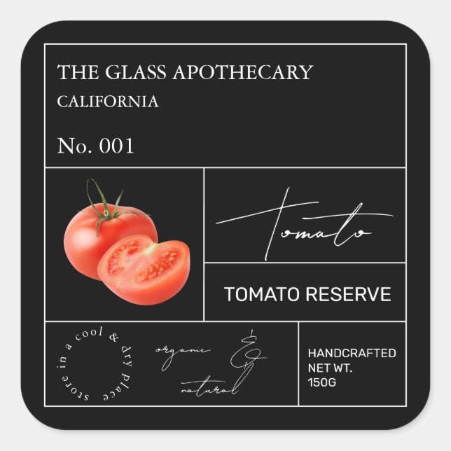 Apothecary Tomato Label Fyrkantigt Klistermärke (Framsida)