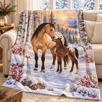 Appaloosa Sto och Föl i Snöiga Aspelundar Fleecefilt