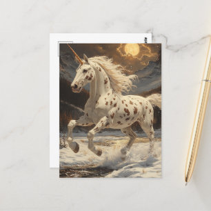 Appaloosa Unicorn på Moonlit Snowy-bergen Vykort