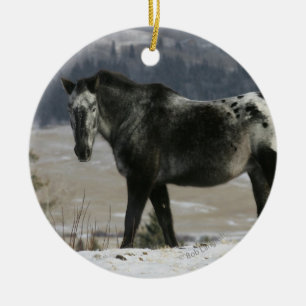 Appaloosahäst i snön julgransprydnad keramik