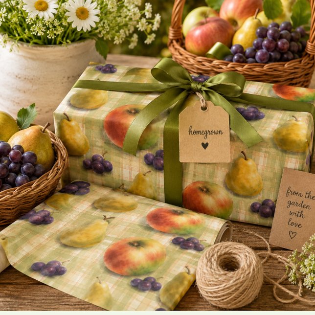 Äppel Päron Gårdshus Frukt Inpackningspapper Presentpapper (Orchard harvest gift wrap for homemade gifts, preserves, baking, and kitchen gifting.)
