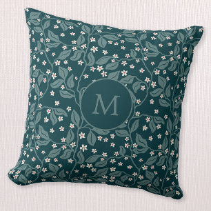 Äppelblom Grenar Botanisk Grön Monogram Kudde
