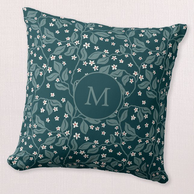 Äppelblom Grenar Botanisk Grön Monogram Kudde (Apple blossom trailing branches dark teal green monogram initial personalized throw pillow)