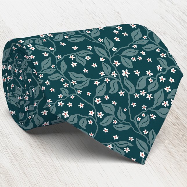 Äppelblomgrens botaniska gröna blocktryck slips (Apple blossom branches foliage Arts and Crafts heritage style teal green botanical neck tie)