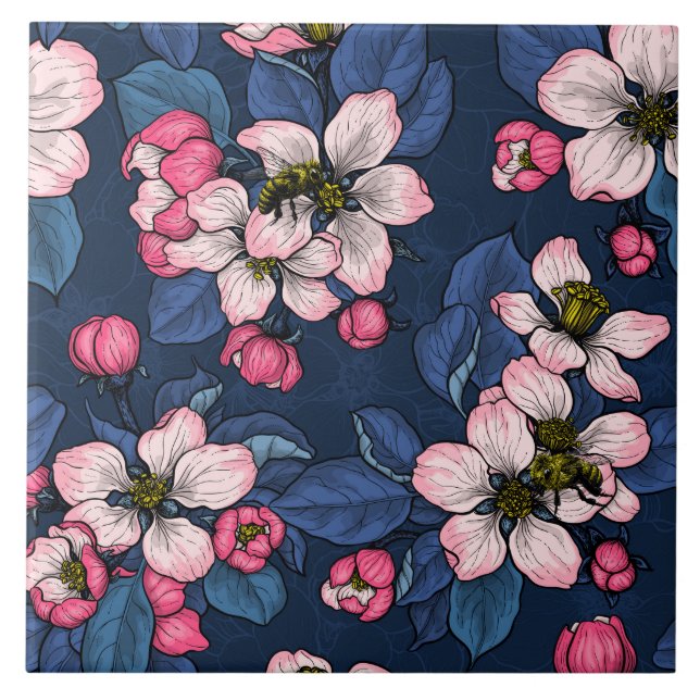Äppelblommar på en mörk blått kakelplatta (Framsidan)