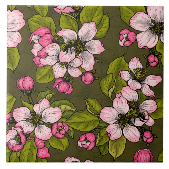 Äppelblommar på mörk grönt kakelplatta (Framsidan)