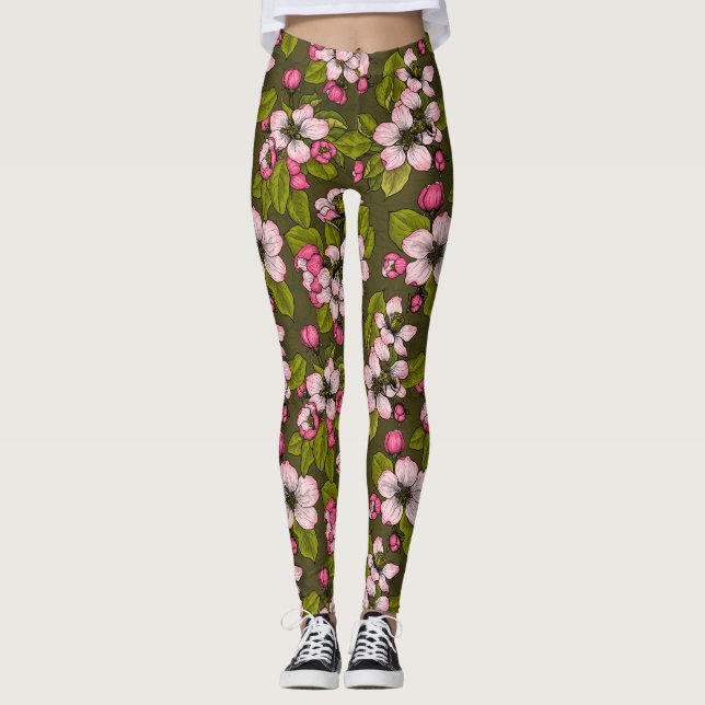 Äppelblommar på mörk grönt leggings (Framsida)