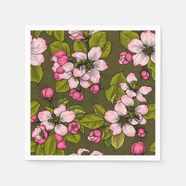Äppelblommar på mörk grönt pappersservett (Framsidan)