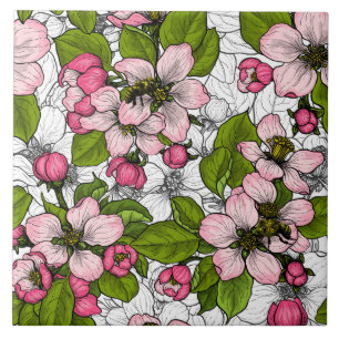 Äppelblommar på vitt kakelplatta