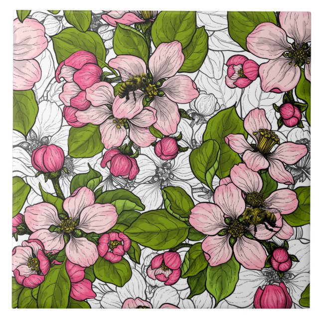 Äppelblommar på vitt kakelplatta (Framsidan)