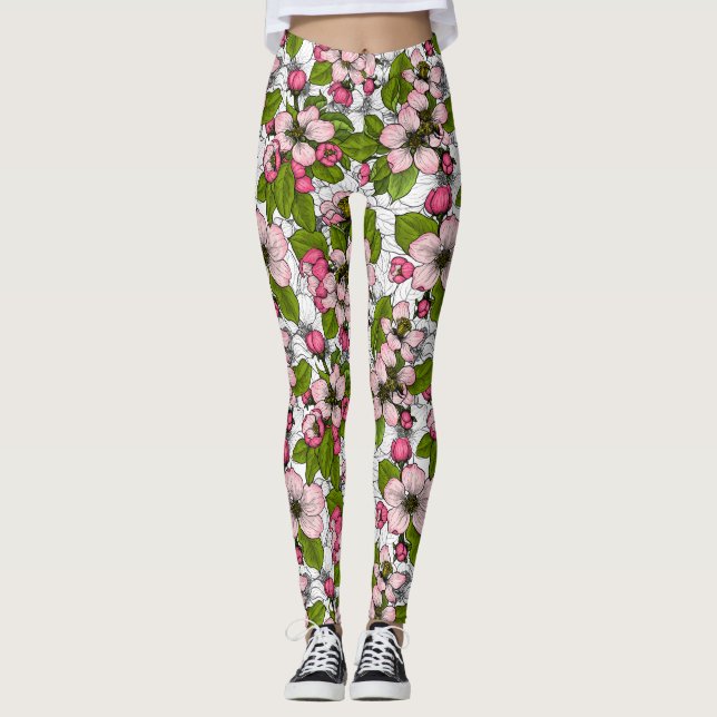 Äppelblommar på vitt leggings (Framsida)