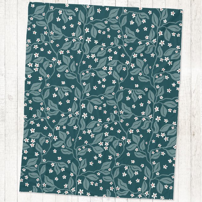 Äppelblomskvistar Botaniskt Blocktryck Grönt Fleecefilt (Apple blossom foliage trailing branches arts and crafts style block print fleece blanket)