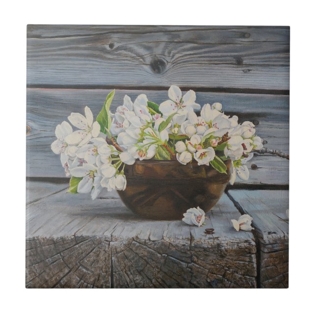Äppelblomster Stilleben – Original Konsttryck Kakelplatta (Framsidan)